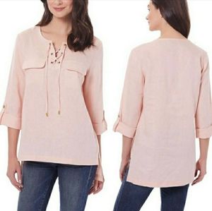 Company Ellen Tracy Linen Tunic Lace-up Front Hi-Low Hem Medium